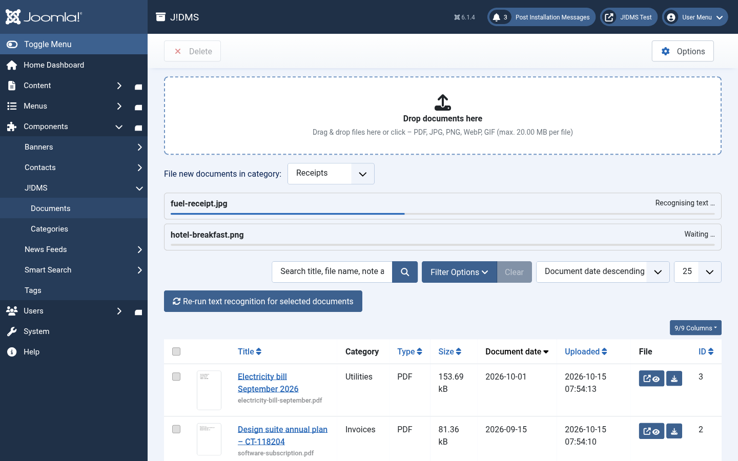 J!DMS im Joomla-Backend: Belege per Drag & Drop hochladen, Texterkennung läuft